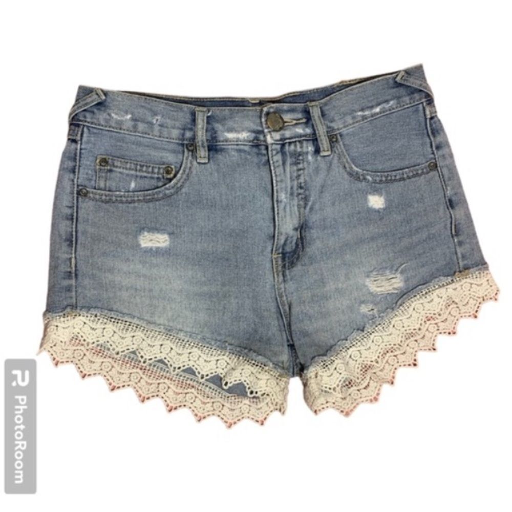 Free People Blue Denim Shorts w/ White Lace trim coquette y2k coSize 24